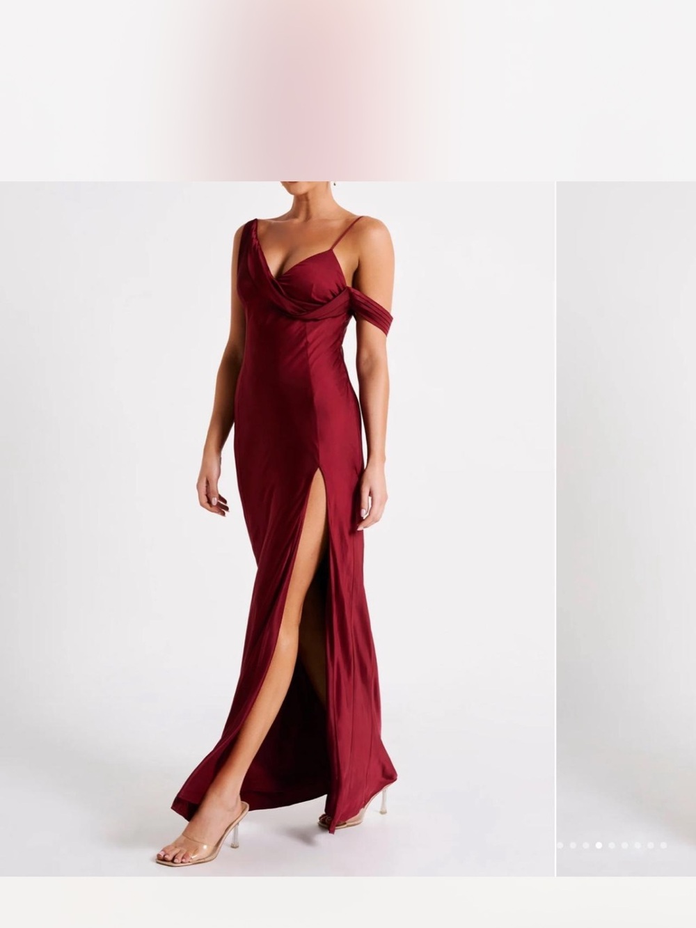Meshki Burgundy One-Shoulder Satin Maxi Dress